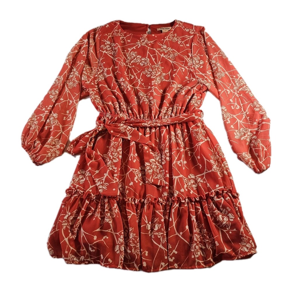 Flying Tomato Red Orange Floral Chiffon Blouson Long Sleeve Dress Womens Medium